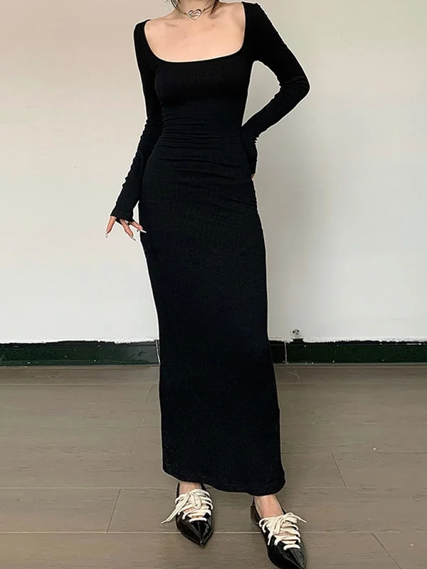 BerryBetty - Black Long Sleeve Bodycon Maxi Dress Elegant Maxi Dress with Drapes