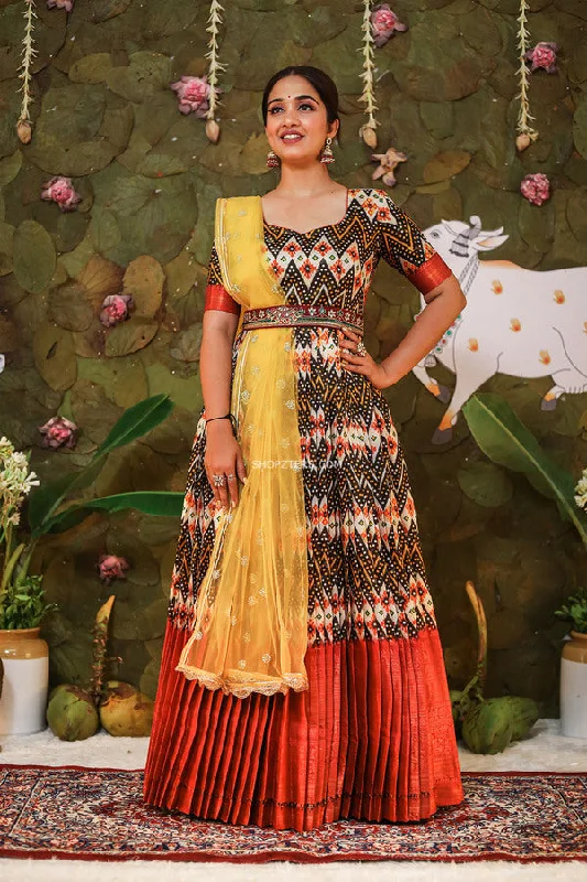 Black & Maroon Banarasi Silk Dress With Yellow Net Dupatta