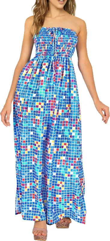 Blue Colorful Blocks Printed Long Tube Dress For Women