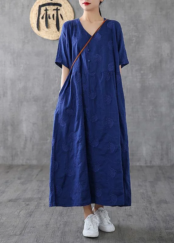 Bohemian v neck embroidery linen dresses Tutorials navy Dress