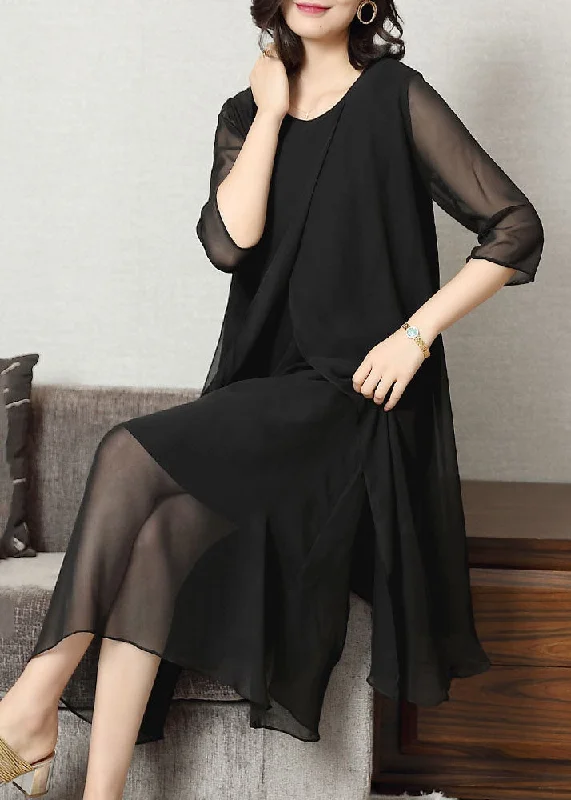 Boutique Black Hollow Out Asymmetrical Design Chiffon Dresses Half Sleeve