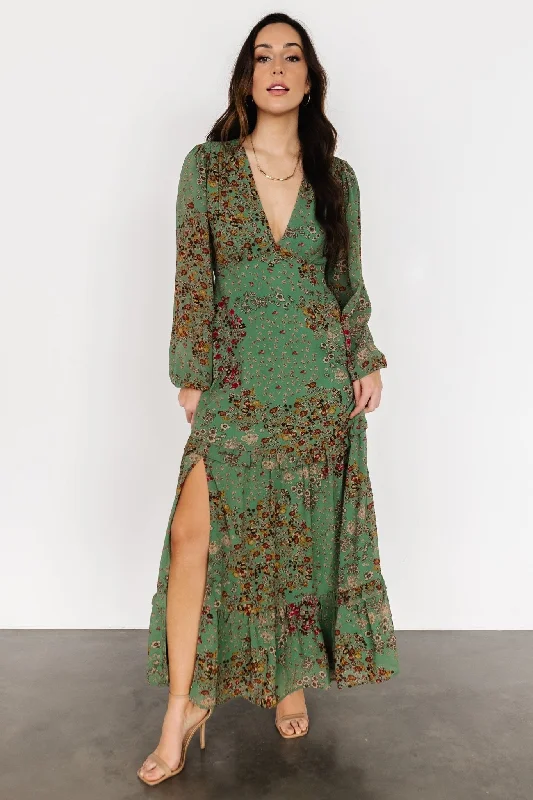 Bowman Deep V Maxi Dress | Green Multi Elegant Floral Maxi Dress