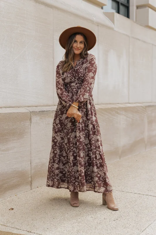Brown Floral Long Sleeve Maxi Dress Cozy Ruffle Sleeve Maxi Dress