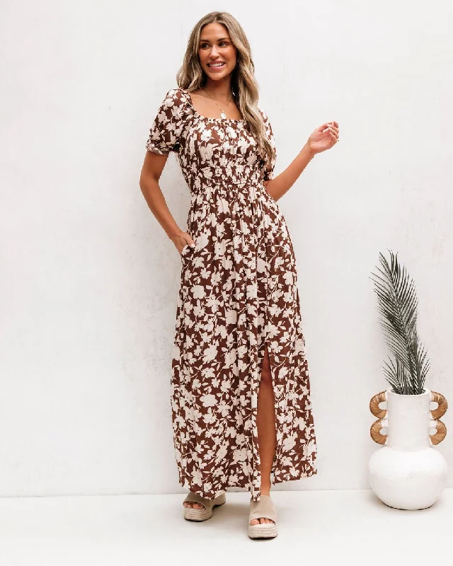 Brown Floral Print Slit Maxi Dress - FINAL SALE Elegant Lace-Up Maxi Dress
