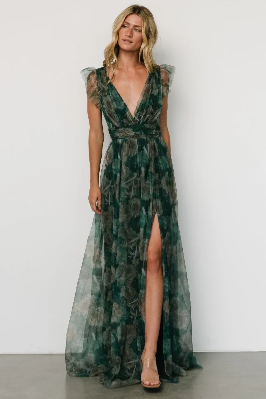 Carmine Maxi Dress | Green Floral Trendy Satin Maxi Dress