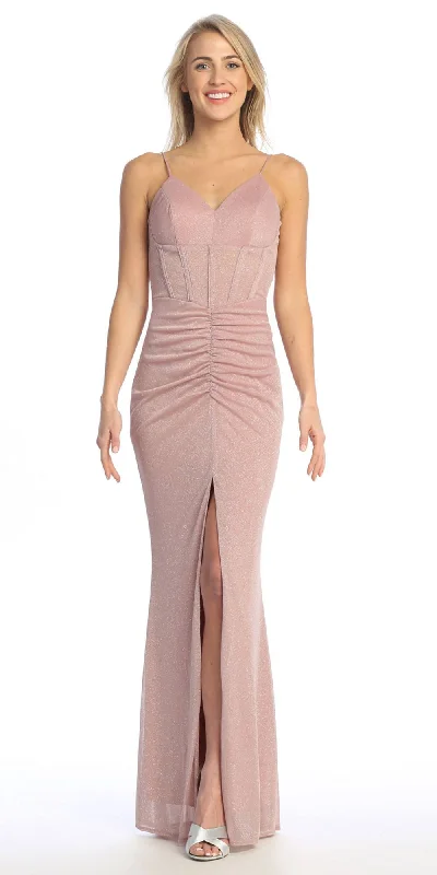 Celavie 6593-L Long Fitted Corset Bodice Ruched Leg Slit Glitter Gown