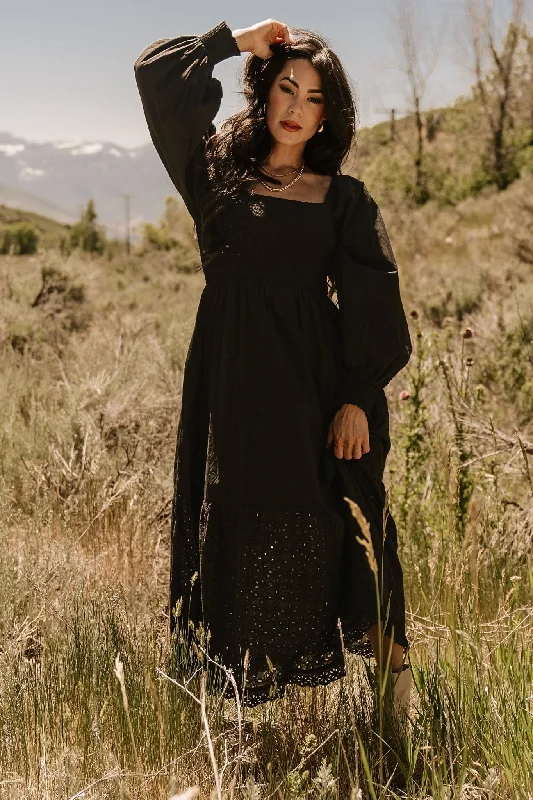 Chandler Eyelet Maxi Dress | Black Comfortable Maxi Dress with Sleeves