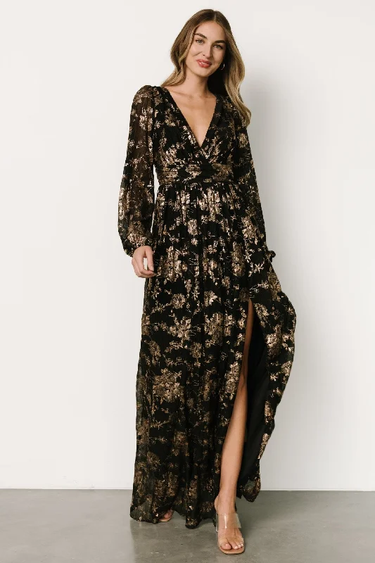 Charlene Maxi Dress | Black + Gold Fashionable Asymmetrical Maxi Dress