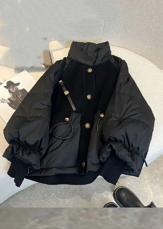 Chic Black Stand Collar Drawstring Zippered Fine Cotton Filled Puffer Jacket Winter Wool Jacket Cashmere Jacket Tweed Jacket Chic Black Stand Collar Drawstring Zippered Fine Cotton Filled Puffer Jacket Winter Wool Jacket Cashmere Jacket Tweed Jacket