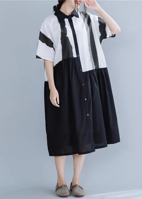 Chic lapel patchwork linen dresses Neckline black striped Dress summer