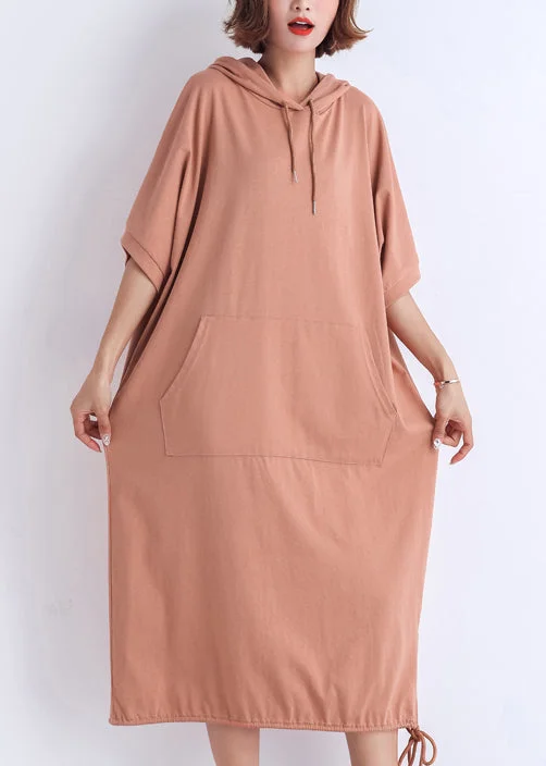 Classy hooded half sleeve cotton tunic top Casual Catwalk nude red Plus Size Dresses Summer