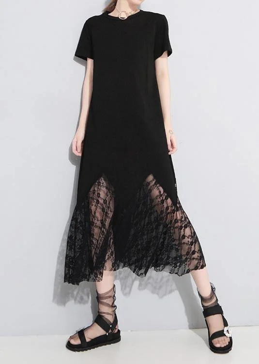 Classy lace patchwork cotton tunic dress Outfits black Art Dress summer hollow out