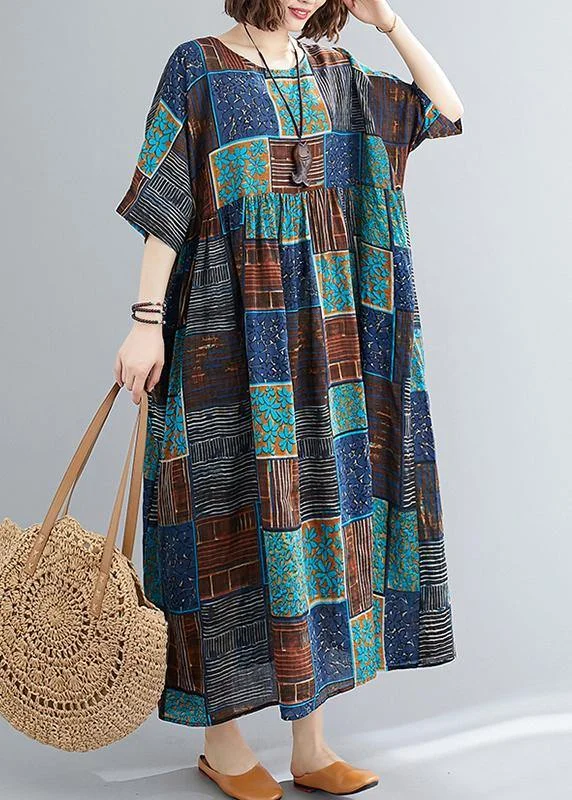 Classy o neck Extra large hem cotton linen dresses Runway blue print Dress