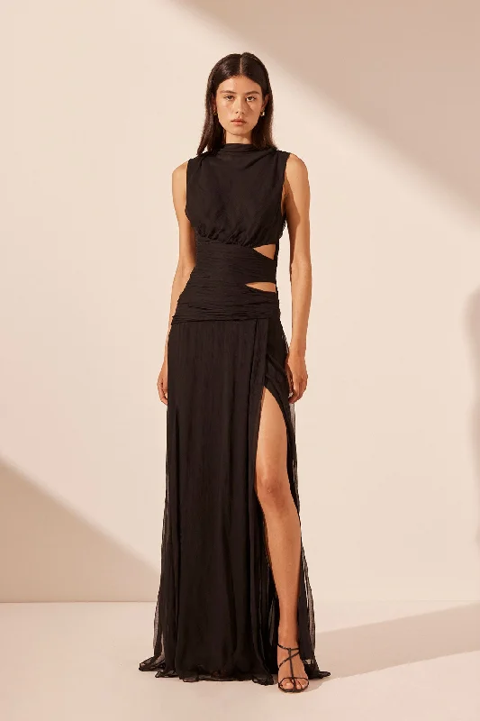 CLAUDE CUT OUT SIDE SPLIT MAXI DRESS - BLACK Elegant Pleated Maxi Dress