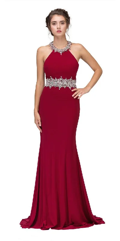 CLEARANCE - Burgundy High Beaded Neckline Long Prom Dress Cut-Out Back (Size Medium)