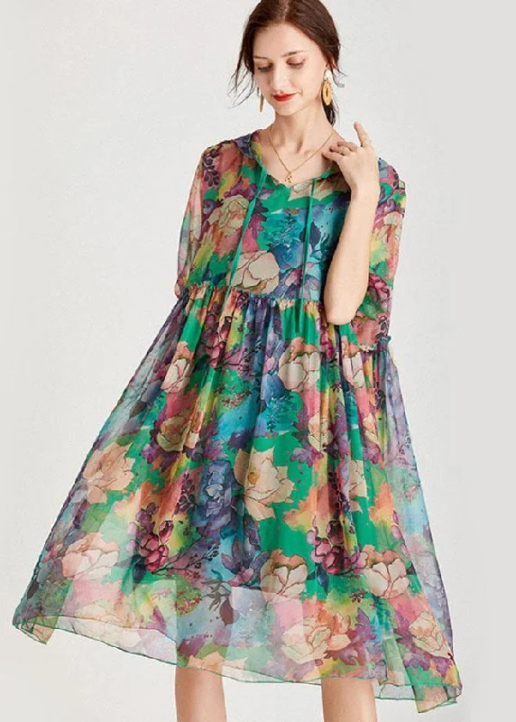 Comfy Green Loose Hooded Summer Chiffon Holiday Dress Half Sleeve