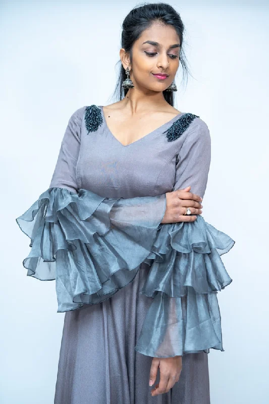 Gray Shimmer Satin Long gown With Long Ruffle Sleeves