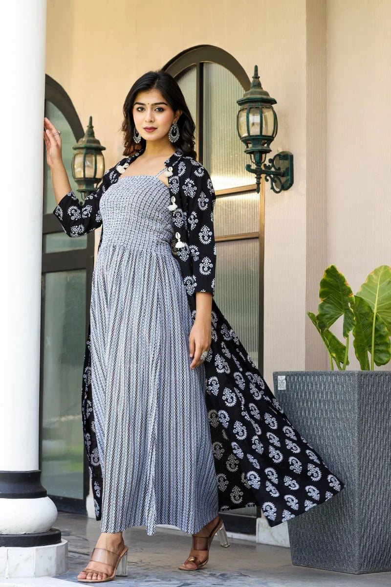 Exclusive Grey Long Gown With Black Shrug