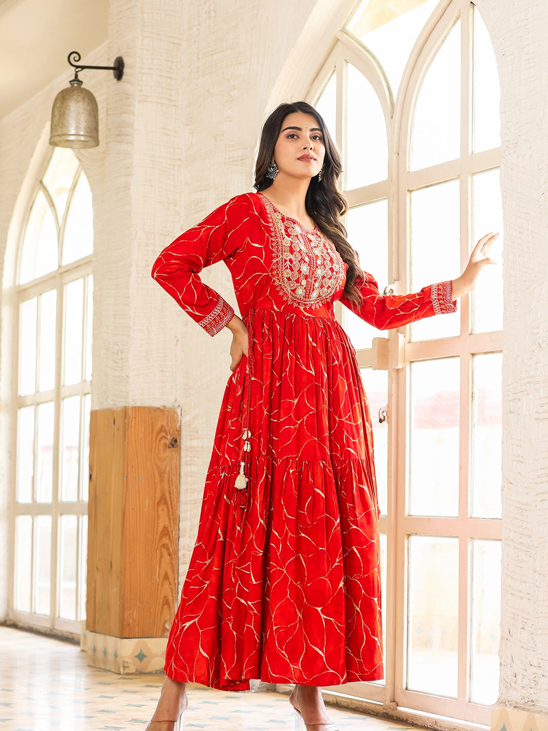 WOMEN'S RED COMFORTABLE COTTON LONG GOWN