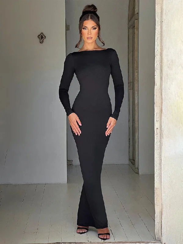 Bodycon Elegant Long Backless Nightclub Sexy Autumn Winter Maxi Dress Cozy Cold-Shoulder Maxi Dress