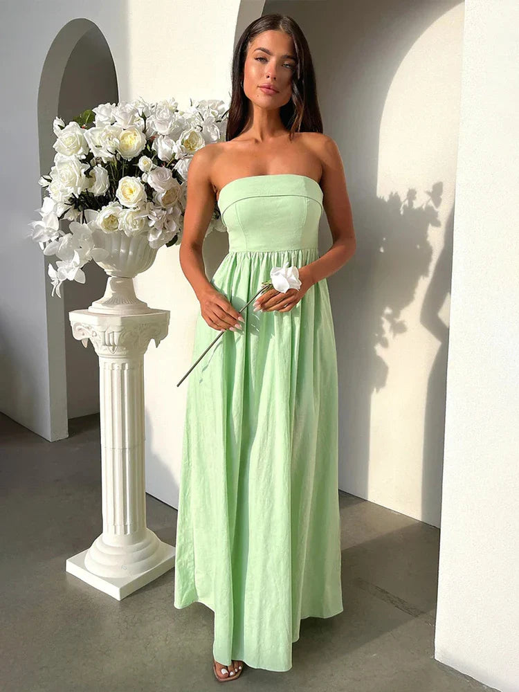 Pleated A-line Long Off Shoulder Backless Nightclub Spring Summer Maxi Dress Comfortable Maxi Dress with Sleeves