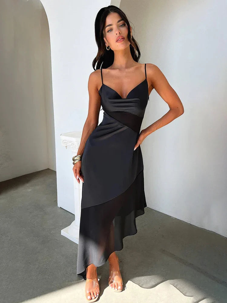 Mesh Patchwork Long Spaghetti Strap Asymmetric Sexy Spring Summer Maxi Dress Stylish Long Sleeve Maxi Dress