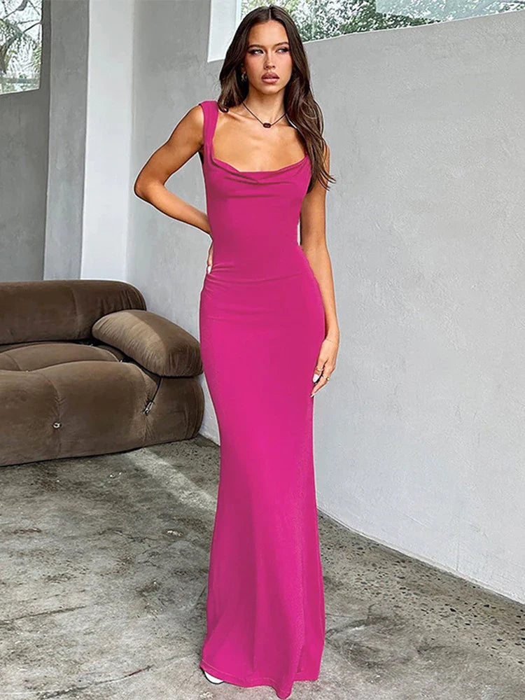 Long Slim Bodycon Spaghetti Strap Bow Backless Sexy Spring Summer Maxi Dress Elegant Sleeveless Maxi Dress