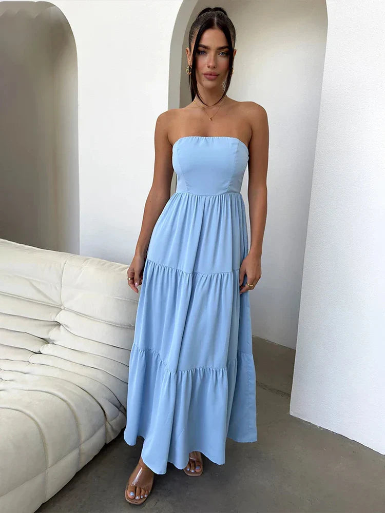 Pleated A-line Long Off Shoulder Backless Nightclub Spring Summer Maxi Dress Comfortable Maxi Dress with Slits