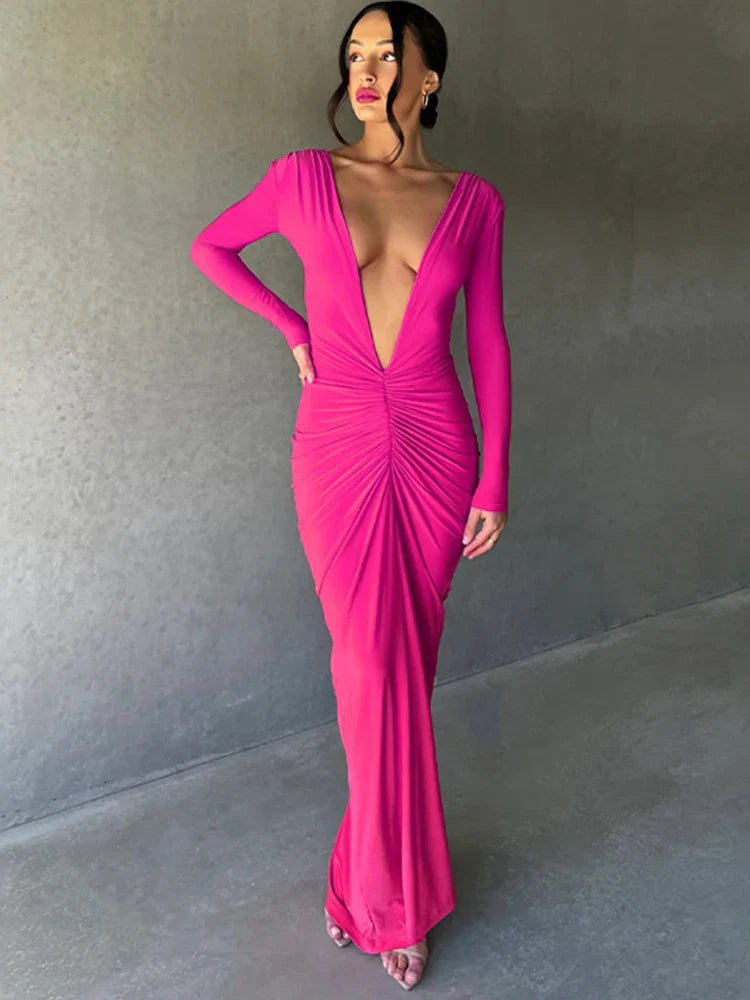 Deep V Neck Mermaid Slim Bodycon Nightclub Sexy Autumn Winter Long Maxi Dress Cozy Spaghetti Strap Maxi Dress