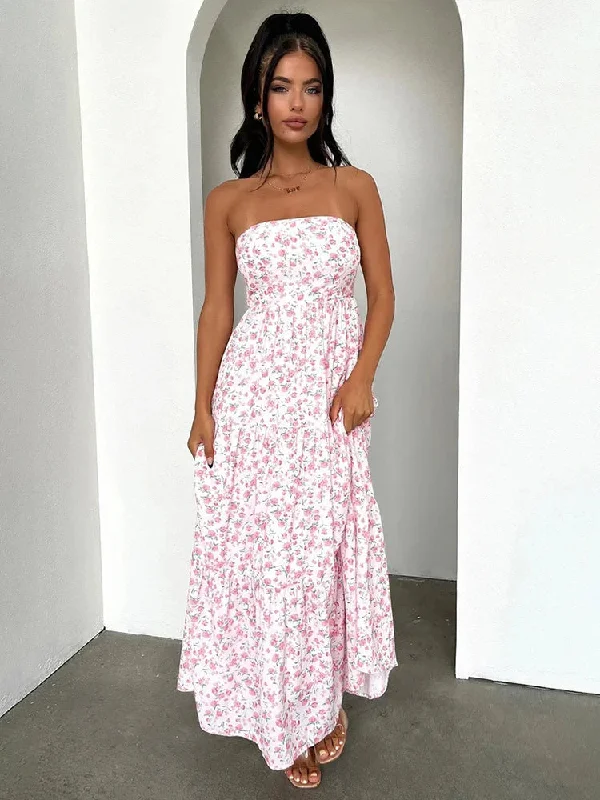 Print Pleated A-line Long Off Shoulder Backless Nightclub Spring Summer Maxi Dress Comfortable Ruffle Hem Maxi Dress