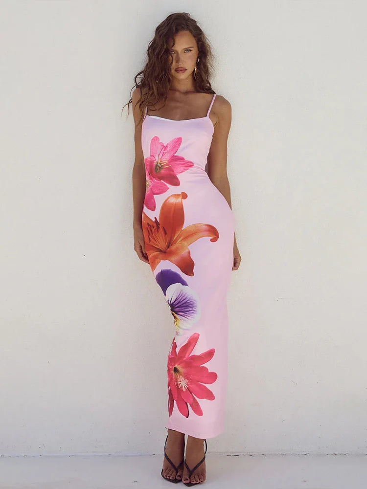 Flower Print Slim Bodycon Spaghetti Strap Backless Sexy Spring Summer Maxi Dress Fashionable Asymmetrical Maxi Dress Flower Print Slim Bodycon Spaghetti Strap Backless Sexy Spring Summer Maxi Dress Fashionable Asymmetrical Maxi Dress