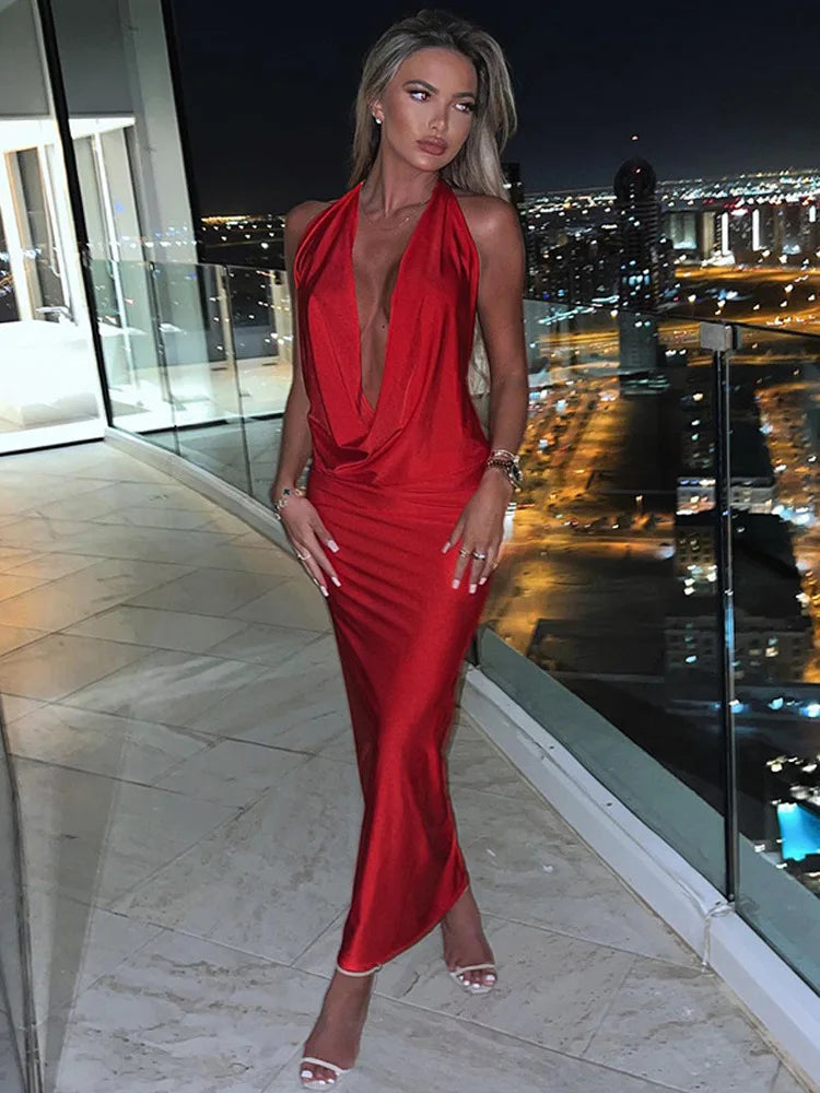 Bodycon Midi Long Spring Summer Halter Deep V Neck Backless Nightclub Sexy Party Maxi Dress Elegant Maxi Dress with Drapes Bodycon Midi Long Spring Summer Halter Deep V Neck Backless Nightclub Sexy Party Maxi Dress Elegant Maxi Dress with Drapes