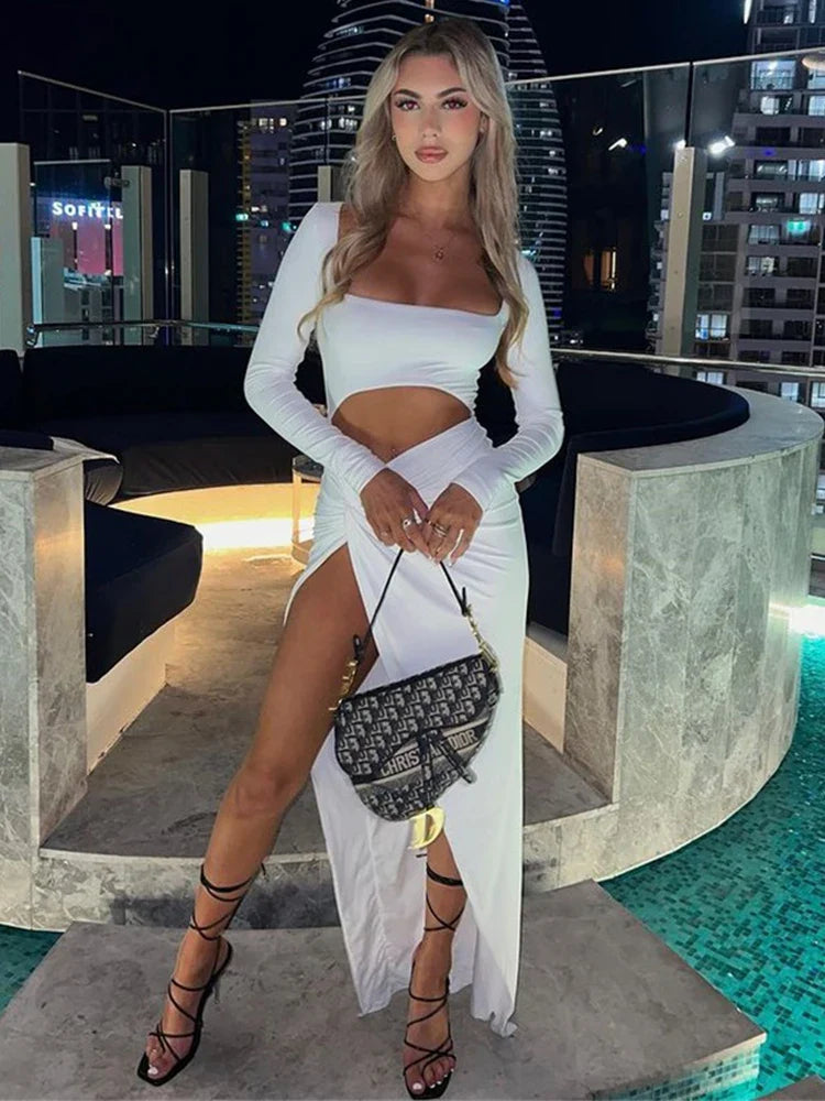Hollow Out High Split Slim Long Sleeve Autumn Club Party Elegant Long Vestidos Maxi Dress Stylish V-Neck Maxi Dress