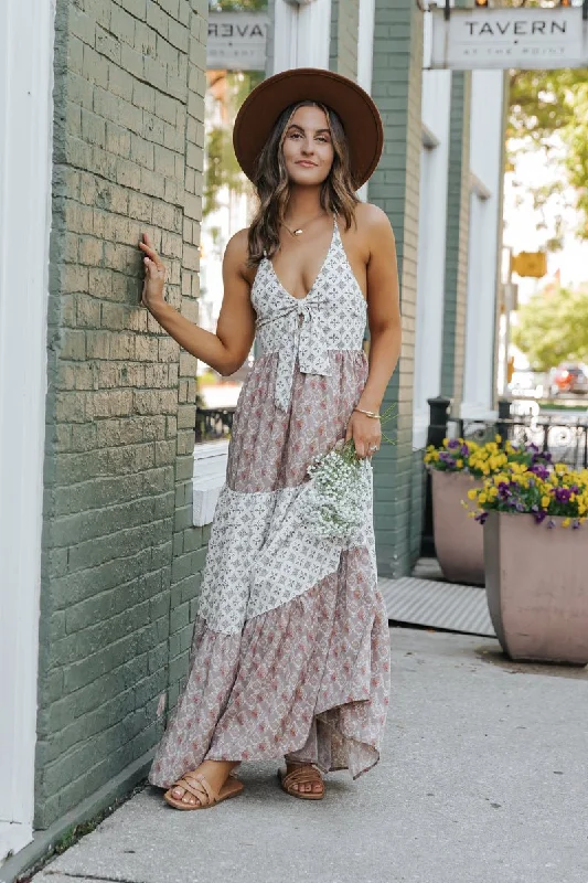 Cream Color Block Halter Maxi Dress Comfortable Pleated Maxi Dress