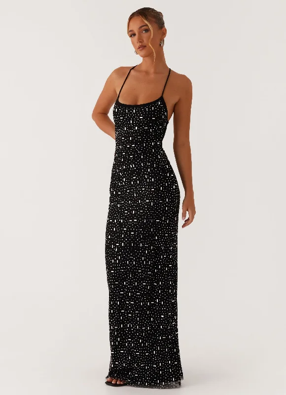 Cressida Rhinestone Mesh Maxi Dress - Black Stylish Pleated A-Line Maxi Dress