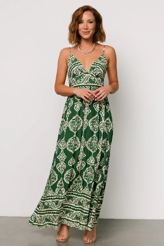 Davinah V Neck Maxi Dress | Green Print Comfortable Maxi Dress with Sleeves