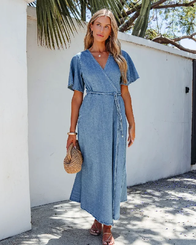 Denim Wrapped Front Maxi Dress Fashionable High-Low Maxi Dress