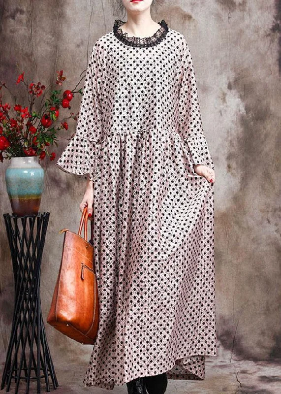 Diy Khaki Dot Silk Patchwork Lace Mid Dress Summer
