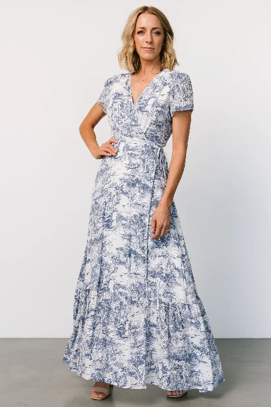 Dulce Wrap Maxi Dress | White + Blue Print Cozy Cold-Shoulder Maxi Dress