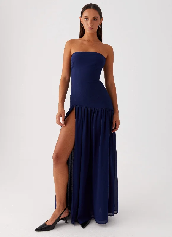 Eden Strapless Maxi Dress - Navy Fashionable Maxi Dress with Fringe