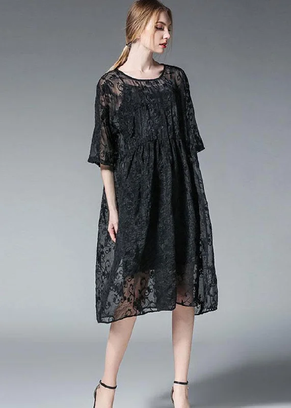 Elegant Black Wrinkled Hollow Out Summer Dress