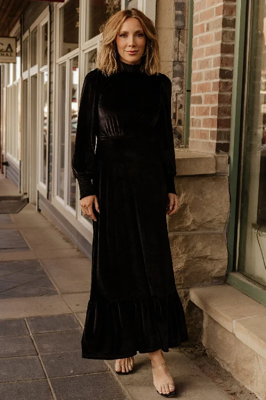 Elodie Velvet Maxi Dress | Black Elegant Maxi Dress with Ruffles