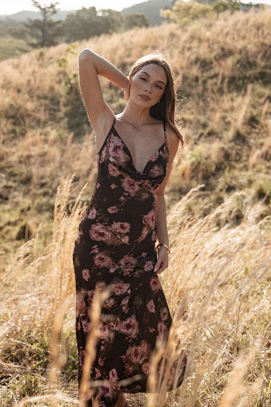 Enya Maxi Dress - Chocolate Floral Cozy Open-Back Maxi Dress