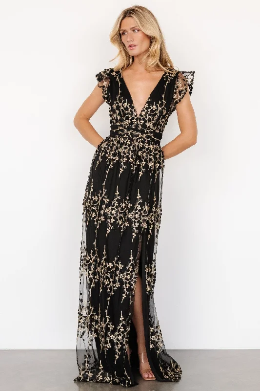 Eva Embroidered Maxi Dress | Black + Gold Comfortable Casual Maxi Dress