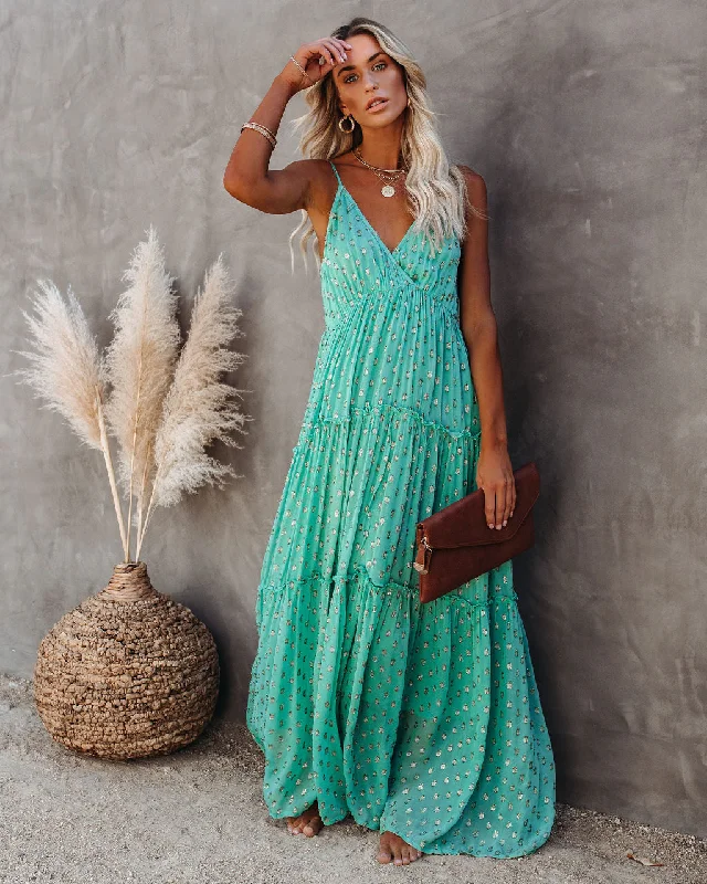 Fathoms Below Adjustable Metallic Tiered Maxi Dress - Seafoam Classic V-Neck Maxi Dress Fathoms Below Adjustable Metallic Tiered Maxi Dress - Seafoam Classic V-Neck Maxi Dress