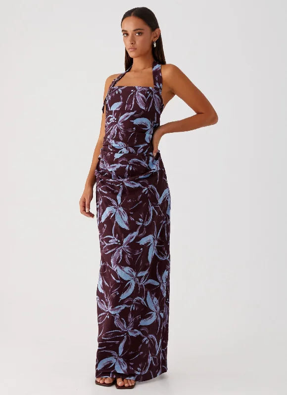 Fauna Halter Maxi Dress - Brown Purple Floral Cozy Cold-Shoulder Maxi Dress