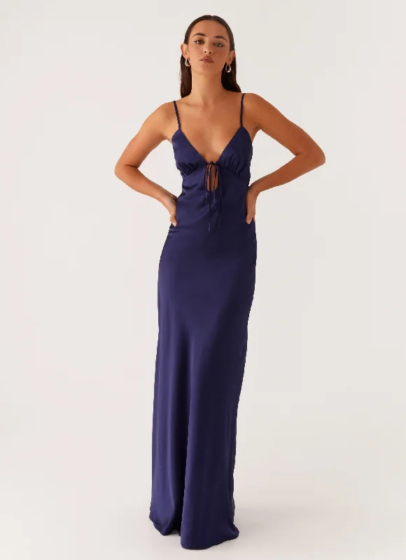 Flora Satin Maxi Dress - Navy Comfortable Maxi Dress with Belt