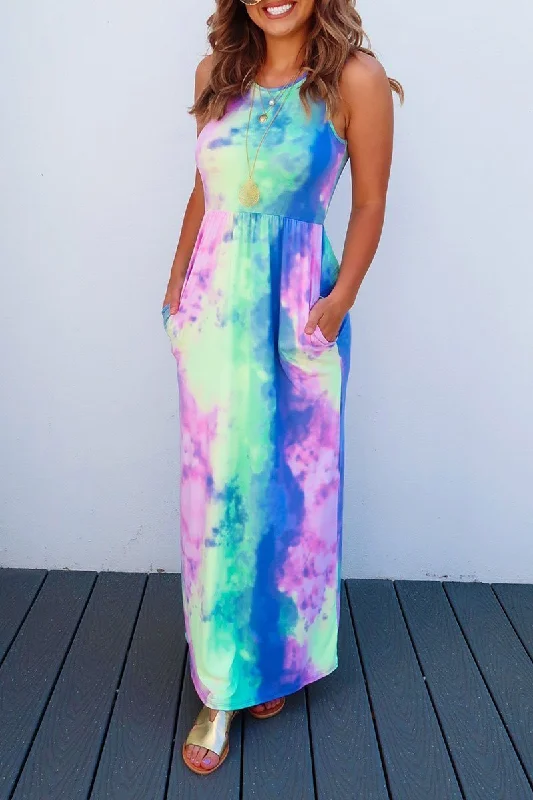 Florcoo Tie-dye Printed Multicolor Maxi Dress Comfortable Plunging Neckline Maxi Dress