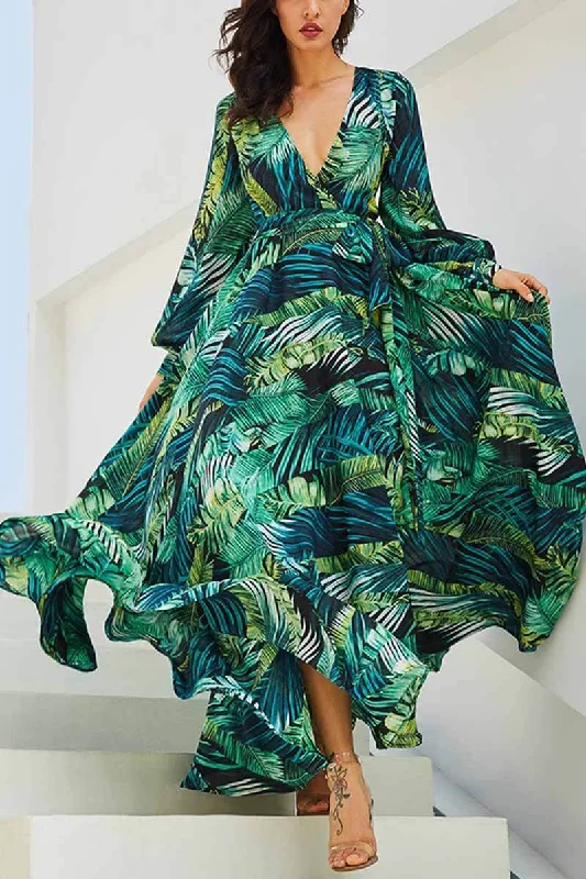 Florcoo V-Neck Leaf Print Maxi Dress Cozy Knit Maxi Dress