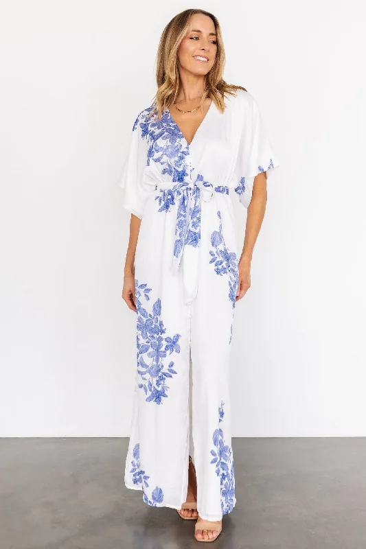 Florina Kimono Maxi Dress | White + Blue Fashionable Sleeveless Maxi Dress